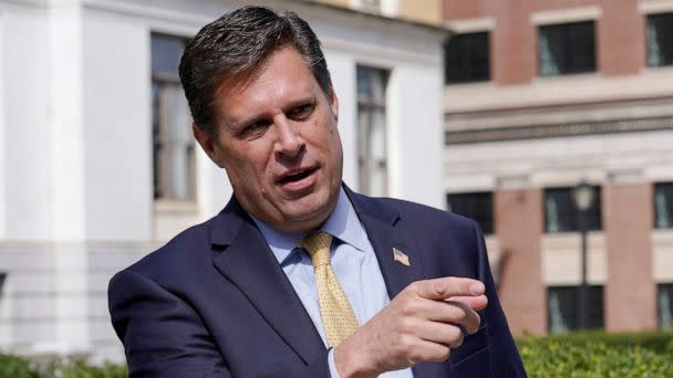 PHOTO: Geoff Diehl speaks to reporters outside the Statehouse, in Boston, March 21, 2022.  (Steven Senne/AP, FILE)