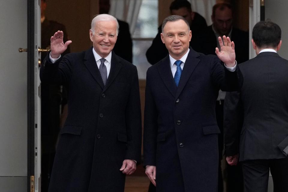Polish President Andrzej Duda (right) welcomes President Joe Biden at the Presidential Palace in Warsaw, Ukraine, Tuesday, Feb. 21, 2023. Biden is visiting Poland a day after an unannounced visit to Kyiv to meet President Volodymyr Zelenskyy, that comes days before the first anniversary of Russia's invasion of Ukraine.