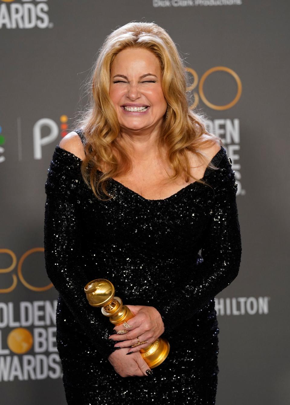 Norwell native Jennifer Coolidge poses in the press room with the award for best performance by an actress in a supporting role in a limited series, anthology series or motion picture made for television for "The White Lotus at the 80th annual Golden Globe Awards at the Beverly Hilton Hotel on Tuesday, Jan. 10, 2023, in Beverly Hills, Calif. (Photo by Chris Pizzello/Invision/AP)