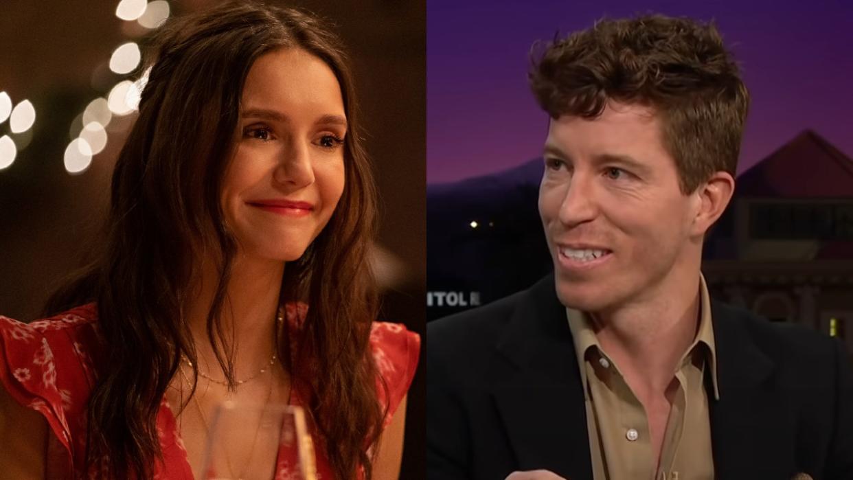  From left to right: Nina Dobrev in Love Hard and Shaun White on the Late Late Show. 