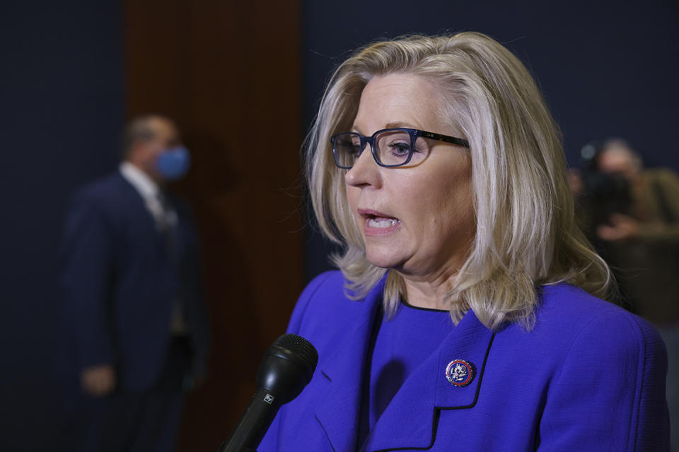 Rep. Liz Cheney (R-Wyo.) speaks to reporters after House Republicans voted to oust her from her leadership post as chair of the House Republican Conference. 