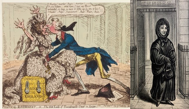 A la izquierda, caricatura de James Gillray que originó el término ‘The Old Lady of Threadneedle Street’ en 1797, a la derecha, ilustración sobre Sarah Whitehead, la supuesta fantasma del Banco de Inglaterra (imágenes vía Wikimedia commons)