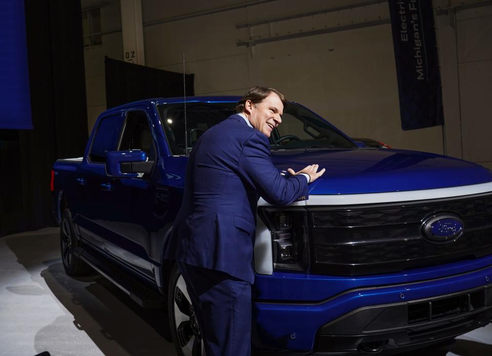 Ford Motor Company CEO Jim Farley puts his hands on a Ford F-150 Platinum before a press announcement at Ford Ion Park in Romulus on Monday, February 13, 2023, about the BlueOval Battery Park Michigan to be built in Marshall. 