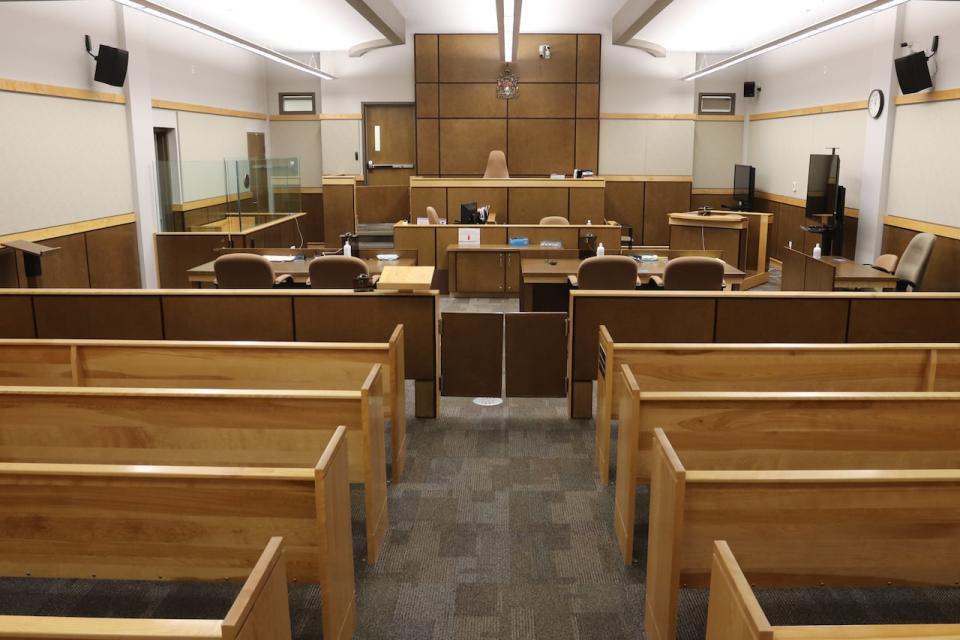 A provincial court courtroom in Moncton, N.B. on June 18, 2021.