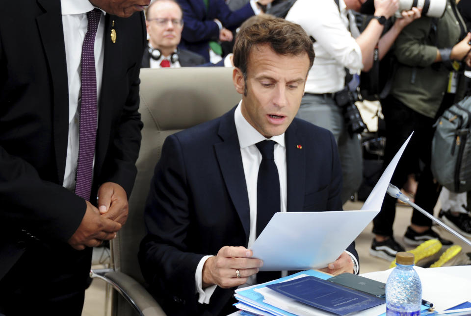 French President Emmanuel Macron attends the opening session of the 18th Francophone Summit in Djerba, Tunisia, Saturday, Nov. 19, 2022. (AP Photo/Hassene Dridi)