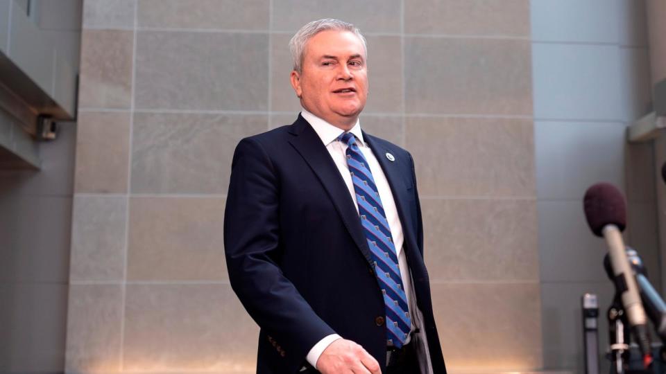 PHOTO: House Oversight and Accountability Committee Chairman James Comer arrives to speak to reporters prior to a closed-door deposition in a Republican-led investigation into the Biden family, on Capitol Hill, Feb. 28, 2024.  (J. Scott Applewhite/AP)