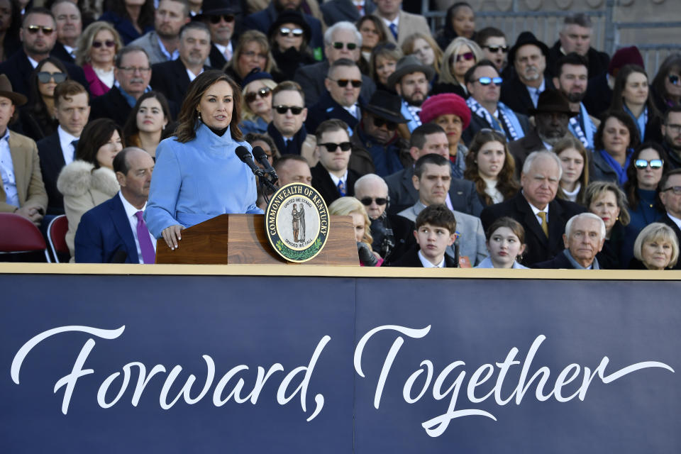 Kentucky Lt. Governor Jacqueline Coleman addresses the audience gathered on the steps of the Kentucky State Capitol to witness her public swearing in ceremony in Frankfort, Ky., Tuesday, Dec. 12, 2023. (AP Photo/Timothy D. Easley)