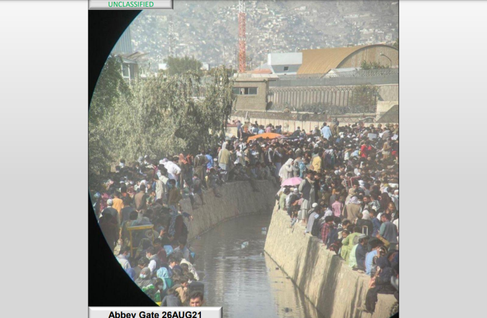 Crowds at Abbey Gate, at the Kabul Airport on August 26, 2021, the day that a suicide attacker detonated a bomb that killed 13 U.S. service members and over 170 Afghans. / Credit: Defense Department report on investigation, Feb. 4, 2022  