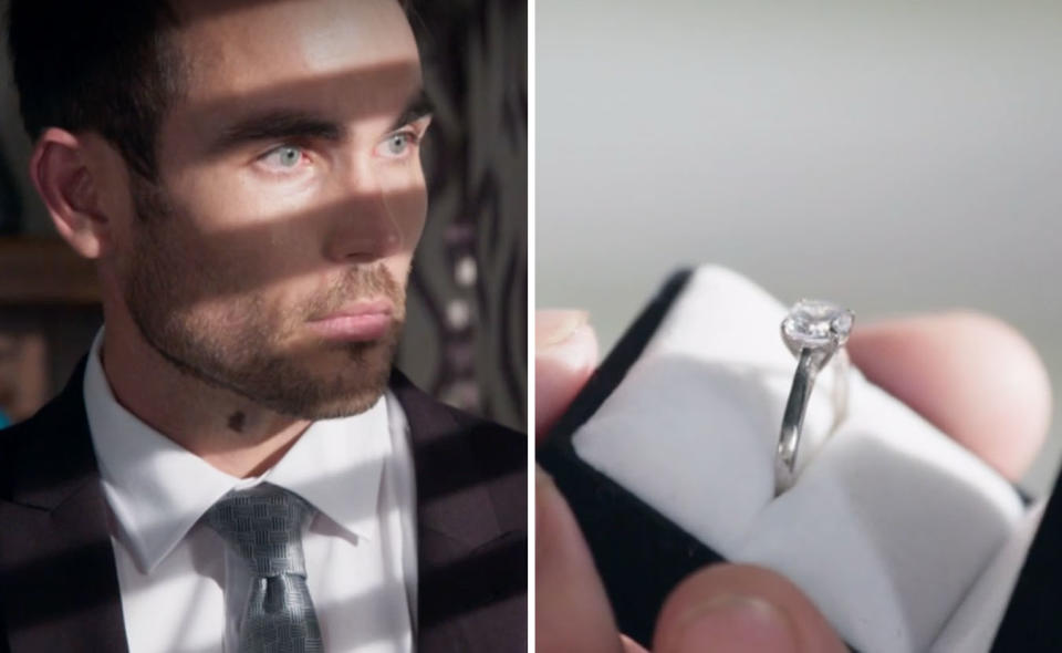 L: Cash looking out the window forlorn, in a suit and tie. R: A close up of an engagement ring in a box