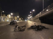 In this Saturday, Nov. 16, 2019 photo, released by Iranian Students' News Agency, ISNA, scorched motorcycles remain on the street after protests that followed authorities' decision to raise gasoline prices, in the central city of Isfahan, Iran. Iran's supreme leader on Sunday backed the government's decision to raise gasoline prices and called angry protesters who have been setting fire to public property over the hike "thugs," signaling a potential crackdown on the demonstrations. (Morteza Zangane/ISNA via AP)