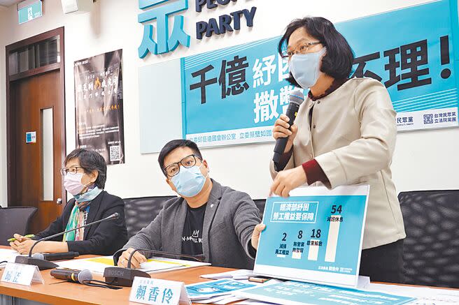 台灣民眾黨立委賴香伶（右起）、邱臣遠、蔡壁如17日舉行「千億紓困金，撒幣後不理！」記者會，抨擊政院紓困執行報告粗略，看不到部門的管考和核實狀況。（姚志平攝）