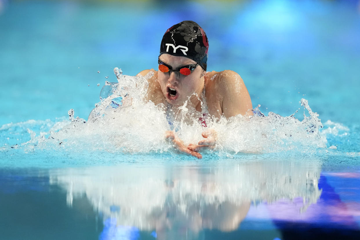 Lilly King competes in the women's 100-meter breaststroke final during wave 2 of the U.S. Olympic Swim Trials on June 15 in Omaha, Neb. (AP Photo/Charlie Neibergall)