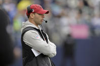 Arizona Cardinals head coach Jonathan Gannon watches the action on the field during the first half of an NFL football game against the Seattle Seahawks Sunday, Oct. 22, 2023, in Seattle. (AP Photo/John Froschauer)