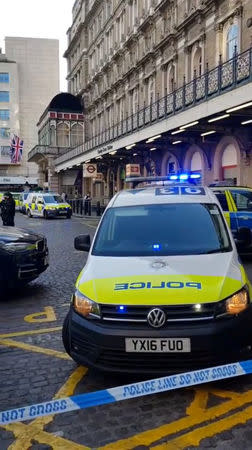 Emergency vehicles, with lights flashing stand outside Charing Cross Station in London, Britain, June 22, 2018 in this still image obtained from social media. COURTESY CECILIA ROCHE /via REUTERS THIS IMAGE HAS BEEN SUPPLIED BY A THIRD PARTY. MANDATORY CREDIT. NO RESALES. NO ARCHIVES.