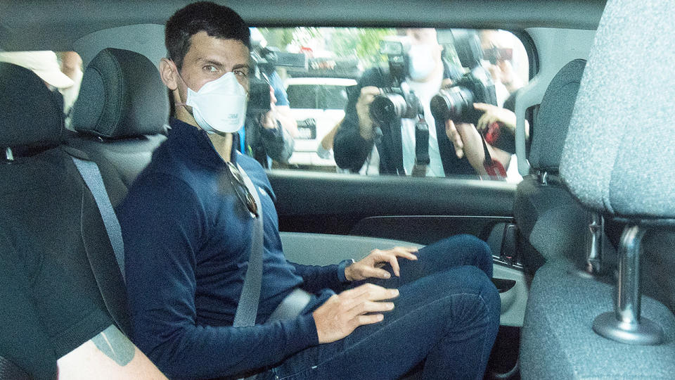 Novak Djokovic, pictured here leaving the Park Hotel government detention facility in Melbourne.