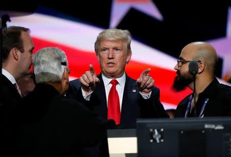 Republican presidential nominee Donald Trump gestures during his walk through at the Republican National Convention in Cleveland, U.S., July 21, 2016. REUTERS/Rick Wilking