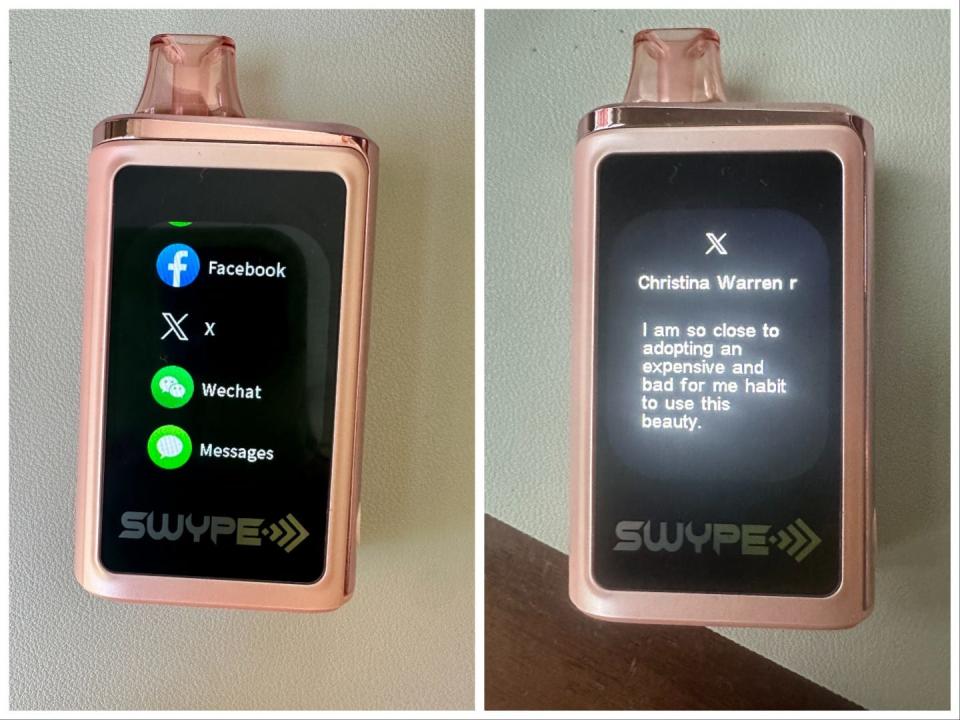 The Swype vape and its screen, and a message on its screen.