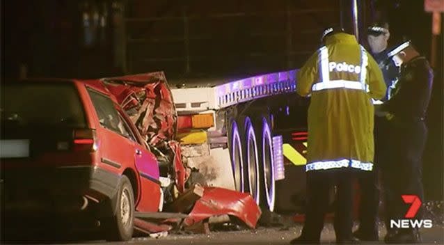 After stabbing his ex-partner, the man died when his car slammed into a parked semi-trailer. Source: 7 News