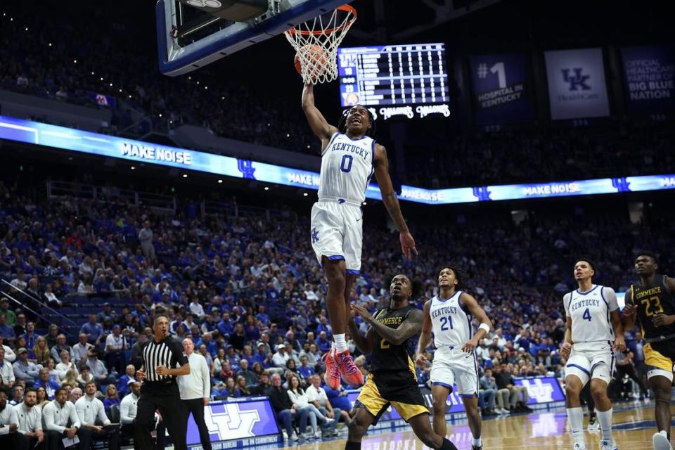 Kentucky’s Rob Dillingham rises for a dunk during the first half of Friday night’s Wildcats win over Texas A&M-Commerce in Rupp Arena.