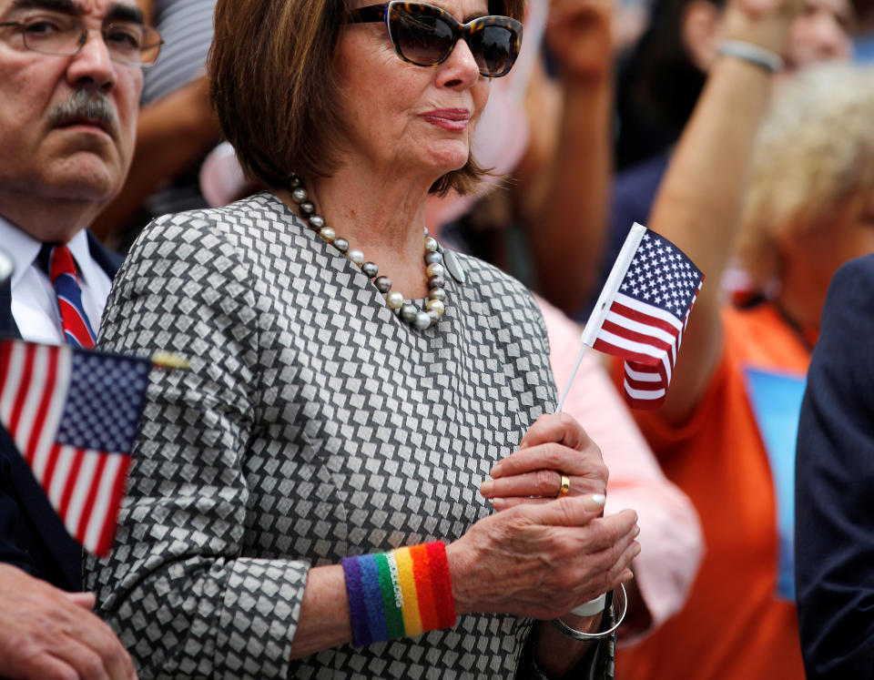 House Minority Leader Nancy Pelosi (D-Calif.) wears a rainbow armband as she attends a news conference accompanied by members of the House Democratic Caucus to call on House Speaker Paul Ryan to allow a vote on gun violence prevention legislation on&nbsp;June 22, 2016.