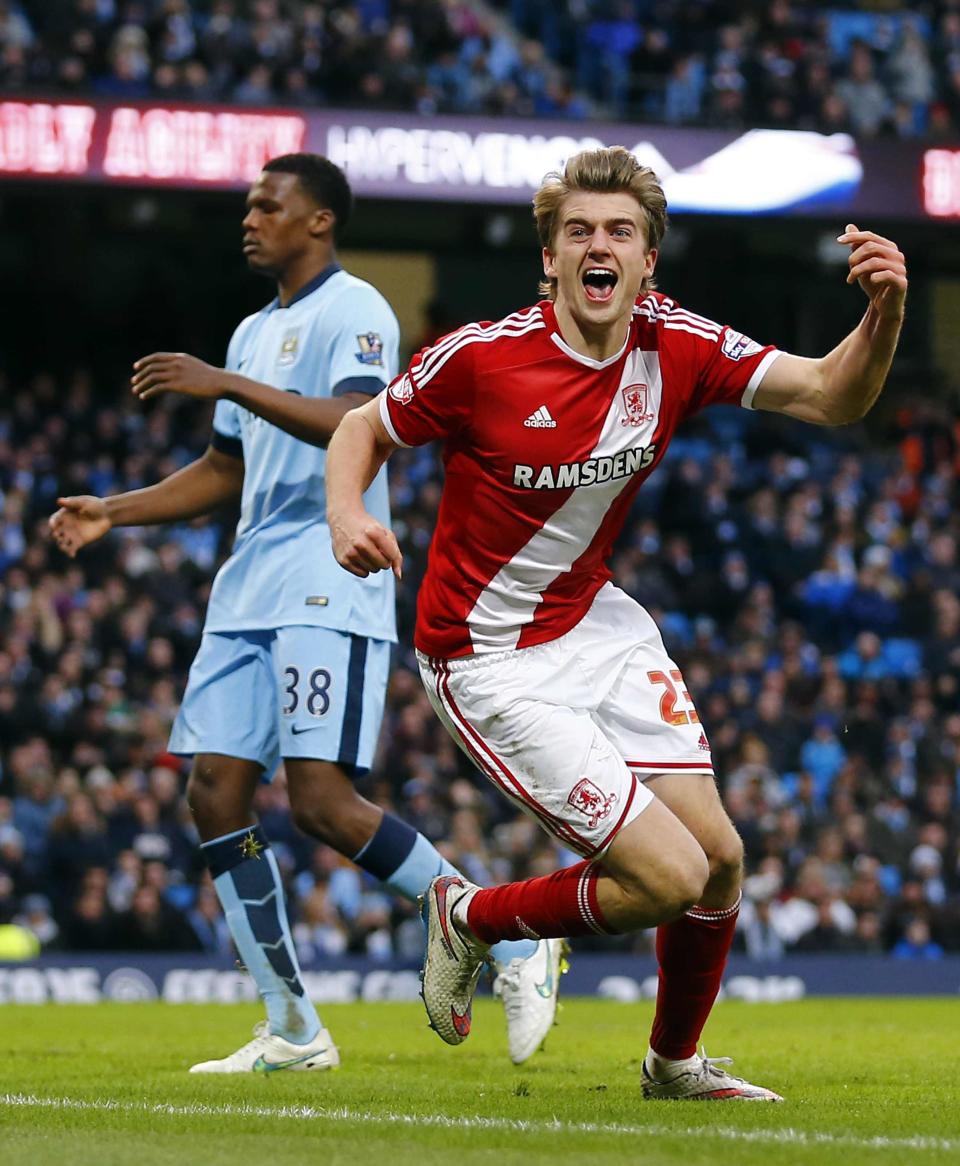 Middlesbrough's Patrick Bamford celebrates his goal against Manchester City during their English FA Cup 4th round soccer match at the Etihad Stadium in Manchester, northern England, January 24, 2015. REUTERS/Darren Staples (BRITAIN - Tags: SPORT SOCCER)