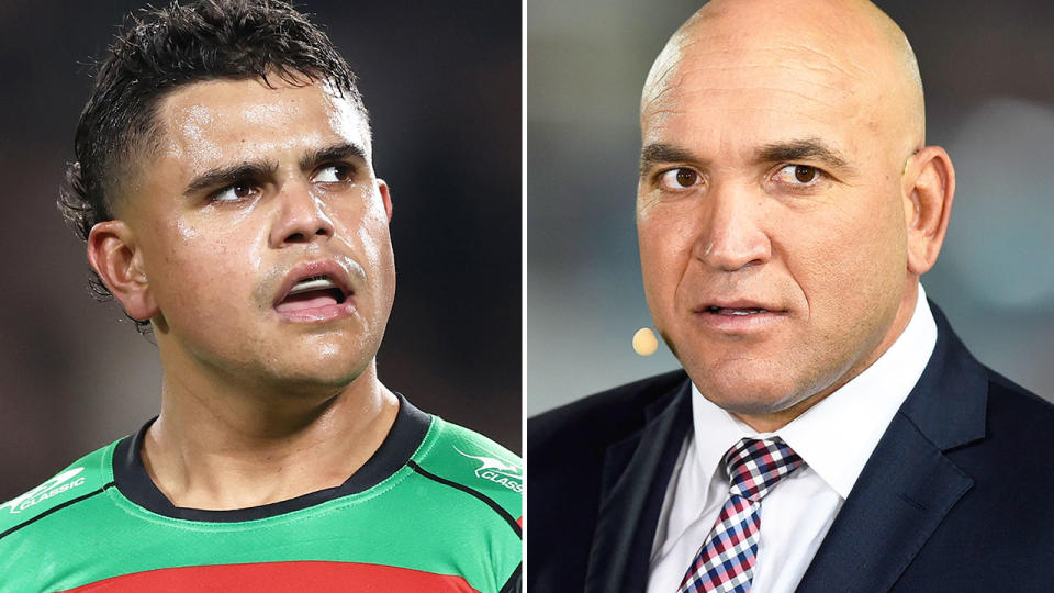 Pictured right is NRL great Gorden Tallis and Souths star Latrell Mitchell on the left.