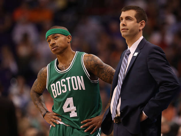 Isaiah Thomas and Brad Stevens tough it out. (Getty Images)