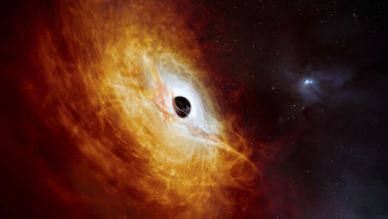 This illustration provided by the European Southern Observatory in February 2024, depicts the record-breaking quasar J059-4351, the bright core of a distant galaxy that is powered by a supermassive black hole.