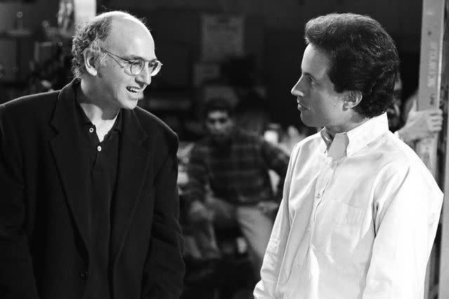 <p>Chris Haston/NBCUniversal via Getty</p> Larry David and Jerry Seinfeld on Seinfeld in 1989