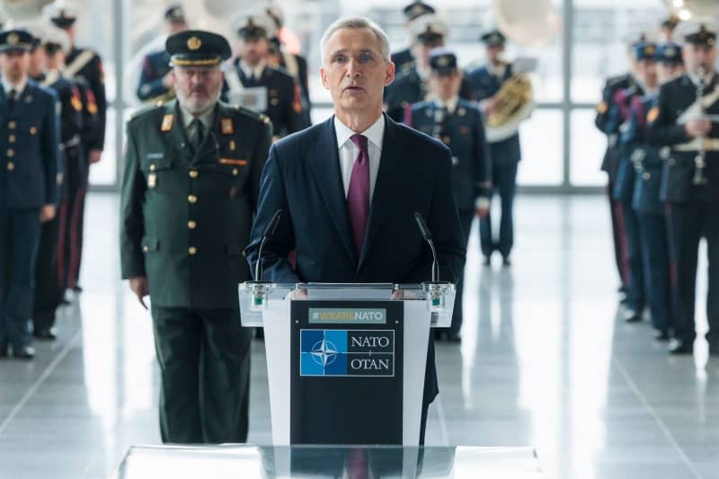 NATO Secretary General Jens Stoltenberg gives remarks during NATO's 75th anniversary celebration ceremony at NATO headquarters. -/NATO/dpa