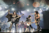 Gene Simmons, left, Tommy Thayer and Paul Stanley of KISS perform during the final night of the "Kiss Farewell Tour" on Saturday, Dec. 2, 2023, at Madison Square Garden in New York. (Photo by Evan Agostini/Invision/AP)