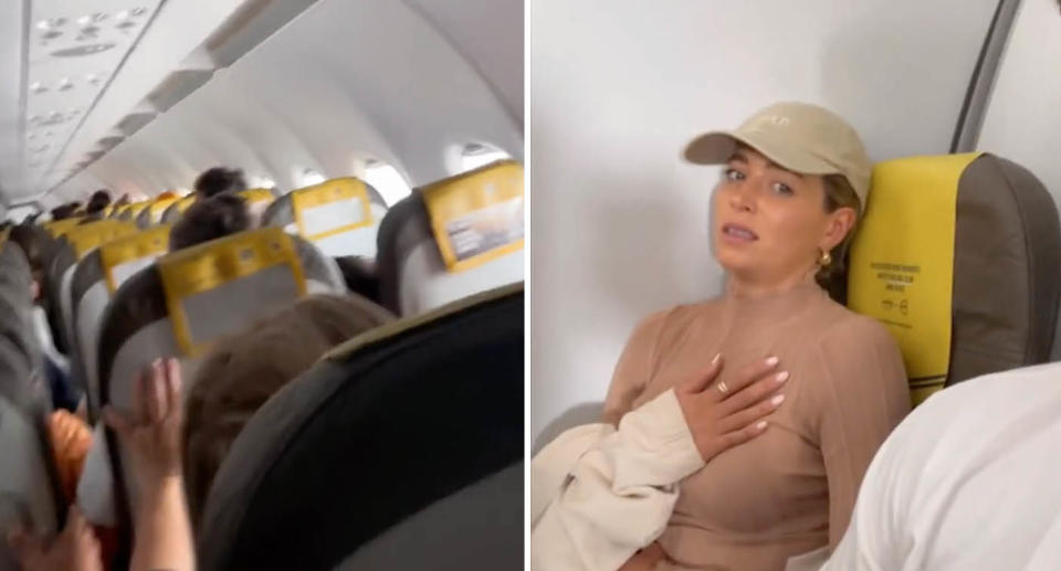 A photo of people holding on to their seats on the flight to Barcelona during turbulence. A photo of The Bachelor star Holly Kingston not having a good time on the flight.