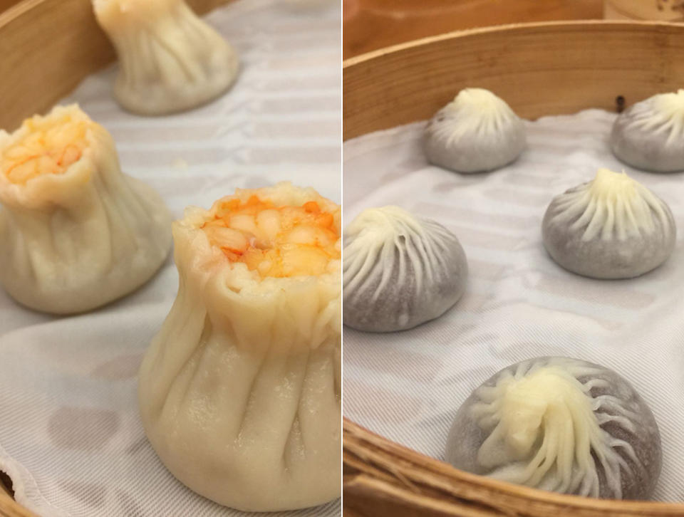 Sensational prawn (left) and chocolate (!) dumplings at Din Tai Fung, in the basement of Taipei 101. (Yahoo Style/Chris Parsons)