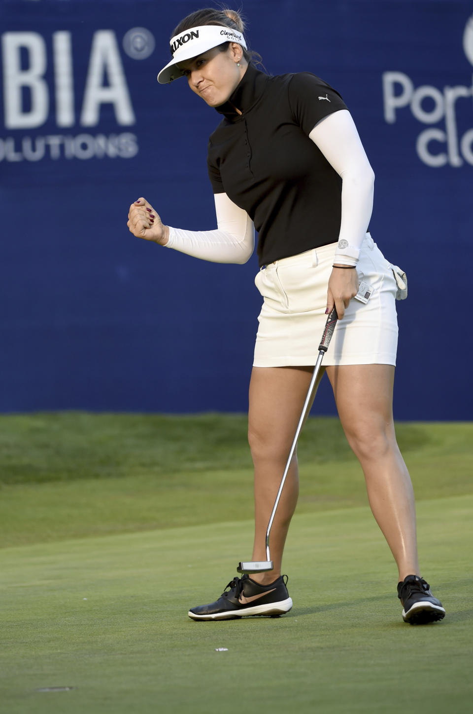 Hannah Green, of Australia, reacts as she sinks a putt on the 18th hole to win the LPGA Cambia Portland Classic golf tournament in Portland, Ore., Sunday, Sept. 1, 2019. (AP Photo/Steve Dykes)