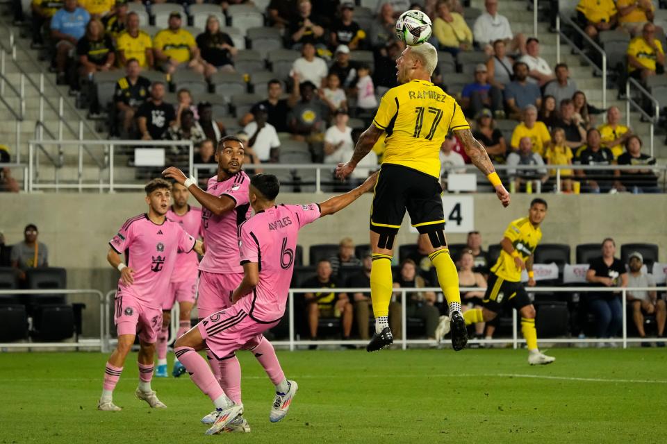 Aug 13, 2024; Columbus, Ohio, USA; Columbus Crew forward Christian Ramirez (17) heads a ball over Inter Miami CF defender Tomas Aviles (6) during the second half of the Leagues Cup round of 16 game at Lower.com Field. The Crew won 3-2.