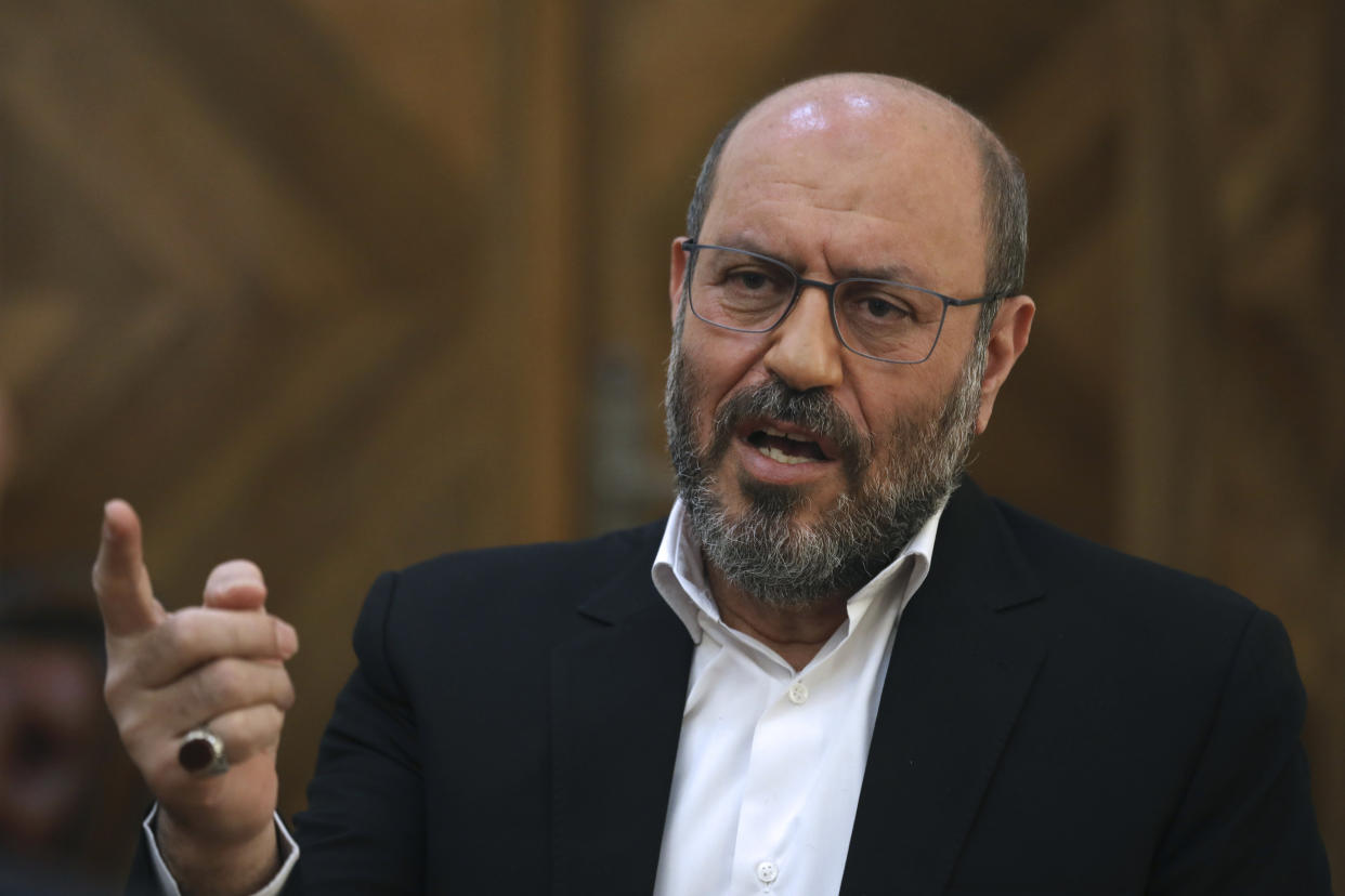 Gen. Hossein Dehghan, a military advisor to Iran's Supreme Leader Ayatollah Ali Khamenei, speaks during an interview with The Associated Press, in Tehran, Iran, Wednesday, Nov. 18, 2020. Dehghan said the Israeli strikes were a violation of Syria's sovereignty. Israeli warplanes struck Iran-linked targets in Syria overnight after troops uncovered roadside bombs along the frontier in the Golan Heights, the Israeli military said Wednesday. (AP Photo/Vahid Salemi)