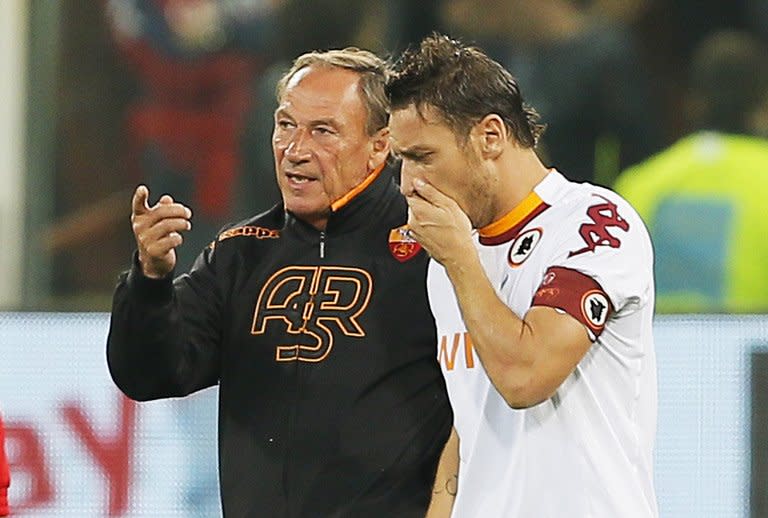 AZdenek Zeman (left) speaks to Francesco Totti during a game against Genoa at Luigi Ferraris stadium in October. Zeman is a legendary figure in football, having coached a number of top teams including Lazio, Fenerbahce, Napoli and Red Star Belgrade