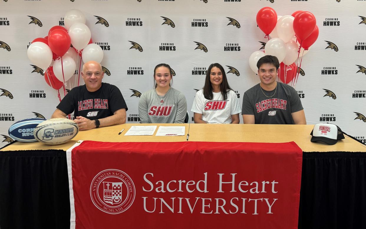 Amanda Stephens, second from left, at her signing ceremony April 9, 2024 at Corning-Painted Post High School with her parents, Alan and Darcie Stephens, and her brother, Zach Stephens. Amanda signed with Sacred Heart University for rugby.