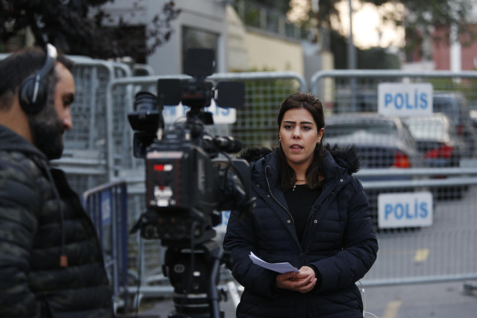 Media reports outside Saudi Arabia's consulate in Istanbul, Sunday, Oct. 21, 2018. The chairman of the Senate Foreign Relations Committee says Saudi Arabia's Crown Prince Mohammed bin Salman "crossed a line" in the killing of journalist Jamal Khashoggi and must pay a price. Tennessee Republican Bob Corker says that based on his briefings he believes the royal known as MBS was behind the killing of the Saudi critic.(AP Photo/Lefteris Pitarakis)