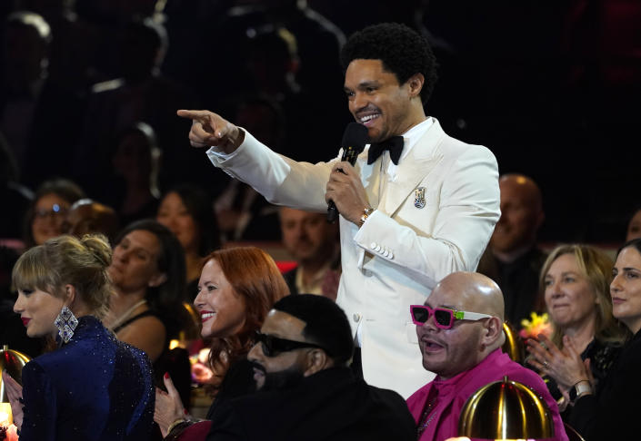 Host Trevor Noah speaks at the 65th annual Grammy Awards on Sunday, Feb. 5, 2023, in Los Angeles. (AP Photo/Chris Pizzello)