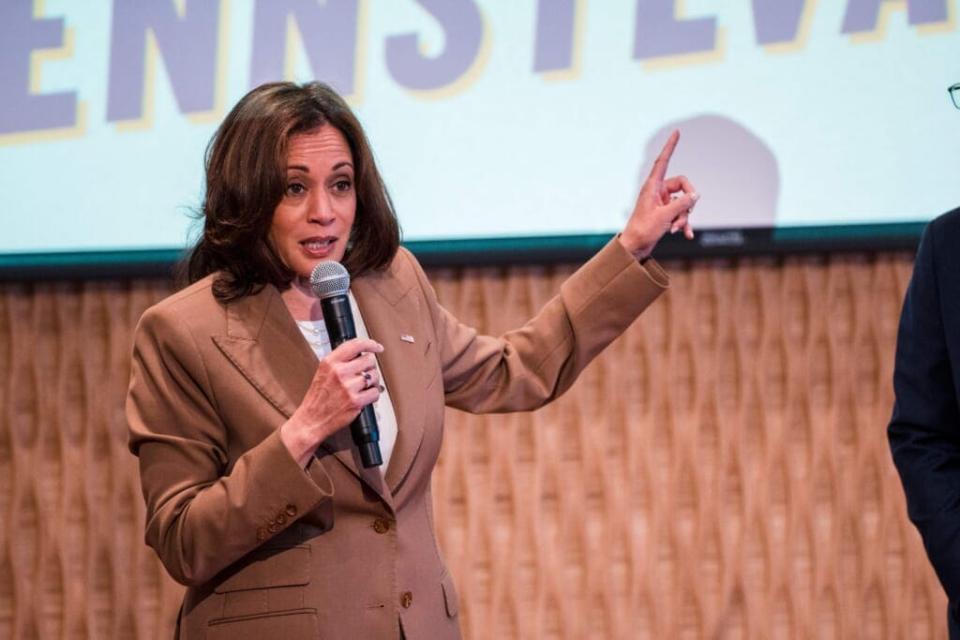 Vice President Kamala Harris speaks during a campaign stop for Pennsylvania Attorney General Josh Shapiro, the Democratic nominee for the Pennslyvania Governor, at Samuel Staten Jr. Building of the Laborer’s District Council on July 16, 2022, in Philadelphia. (Photo by ANEXIS MORALES/AFP via Getty Images)