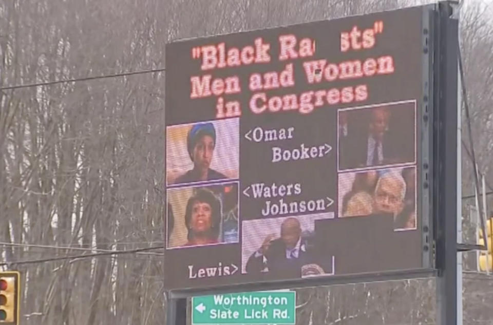 The billboard also slams several prominent politicians as “black racists.” (Photo: WPXI)