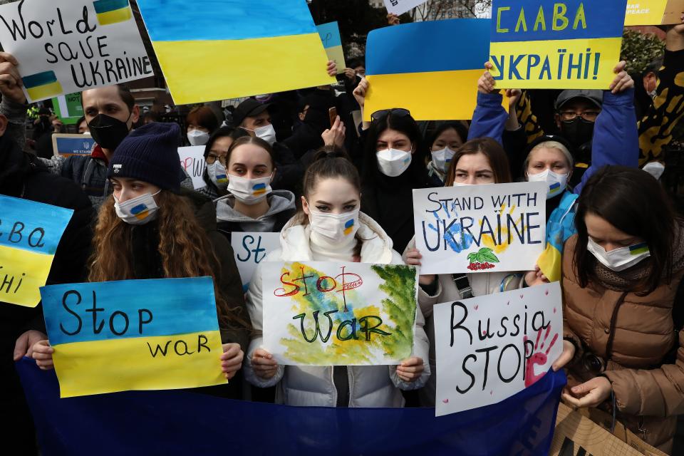 SEOUL, SOUTH KOREA - FEBRUARY 28: South Korean activists and Ukrainians attend a rally against Russia attacking Ukraine near the Russian embassy on February 28, 2022 in Seoul, South Korea.