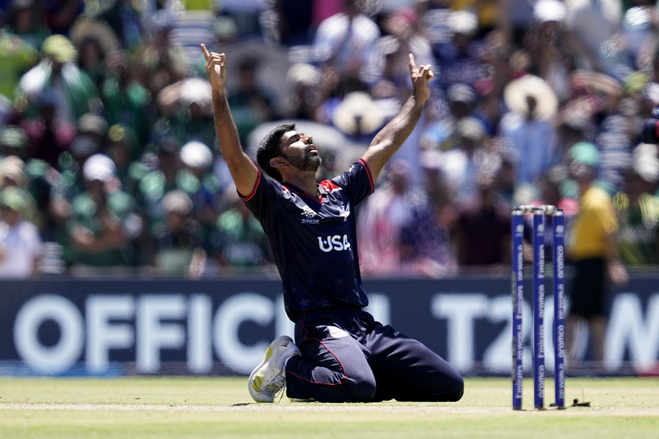 United States' Saurabh Nethralvakar celebrates after their win in the ICC Men's T20 World Cup cricket match against Pakistan at the Grand Prairie Stadium in Grand Prairie, Texas, Thursday, June 6, 2024. (AP Photo/Tony Gutierrez)