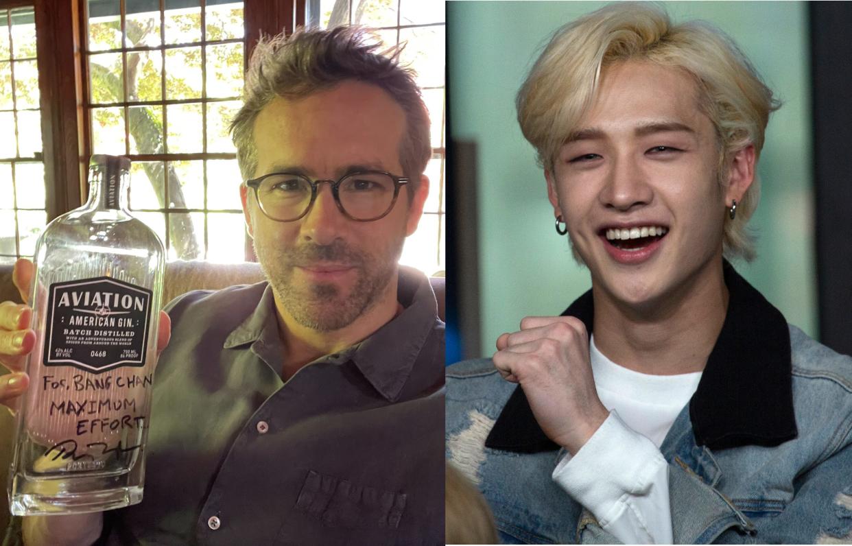Ryan Reynolds signed an autograph for Stray Kids' Bang Chan on a bottle of Aviation Gin after the K-pop artist said he's a fan of the actor. (Photo: Ryan Reynolds/Twitter, Getty Images)