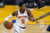 New York Knicks guard RJ Barrett works against the Golden State Warriors during the first half of an NBA basketball game in San Francisco, Thursday, Jan. 21, 2021. (AP Photo/Jeff Chiu)