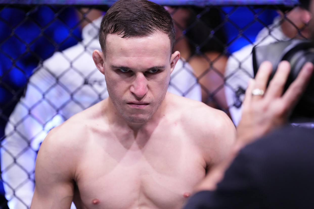 DALLAS, TEXAS - JULY 30: Kai Kara-France of New Zealand is introduced in his corner prior to facing Brandon Moreno of Mexico in the interim UFC flyweight championship fight during the UFC 277 event at American Airlines Center on July 30, 2022 in Dallas, Texas. (Photo by Josh Hedges/Zuffa LLC)