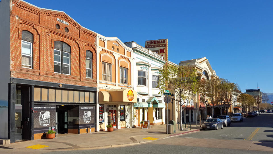 Salinas, California, United States- March 12,2017: Late afternoon Main Street downtown scene.