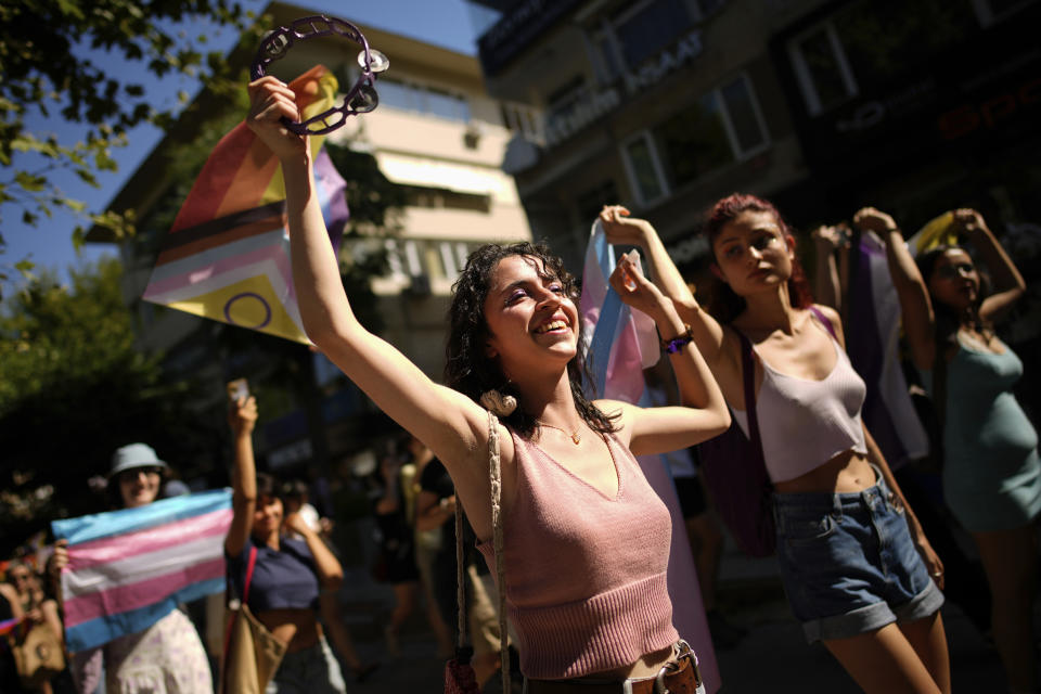 People shout slogans during the annual LGBTQ+ Pride March in Istanbul, Turkey, Sunday, June 30, 2024. (AP Photo/Emrah Gurel)