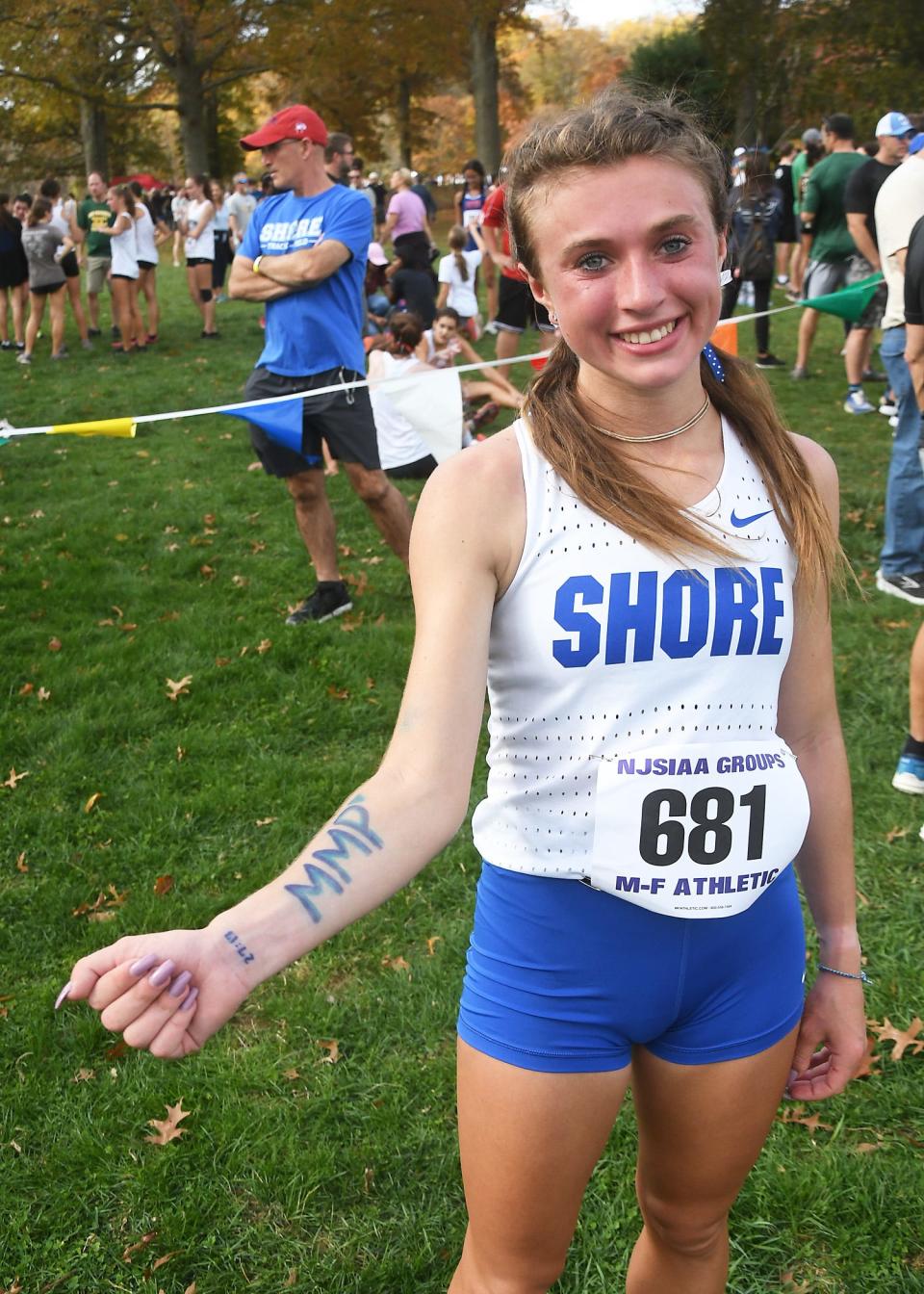Shore Regional's Megan Donlevie displays the letters "MMP" on her forearm in honor of longtime coach Mel Ullmeyer